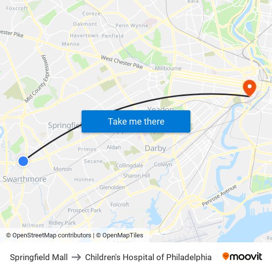 Springfield Mall to Children's Hospital of Philadelphia map