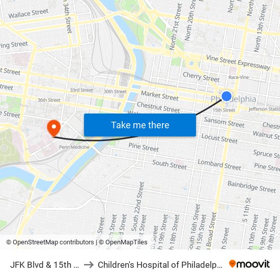JFK Blvd & 15th St to Children's Hospital of Philadelphia map
