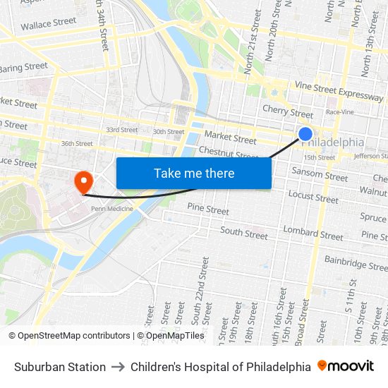 Suburban Station to Children's Hospital of Philadelphia map