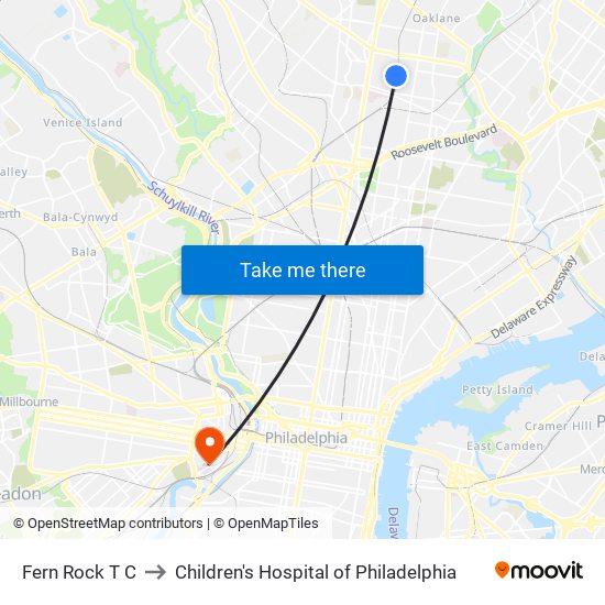 Fern Rock T C to Children's Hospital of Philadelphia map