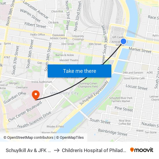 Schuylkill Av & JFK Blvd to Children's Hospital of Philadelphia map