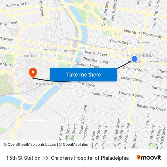 15th St Station to Children's Hospital of Philadelphia map