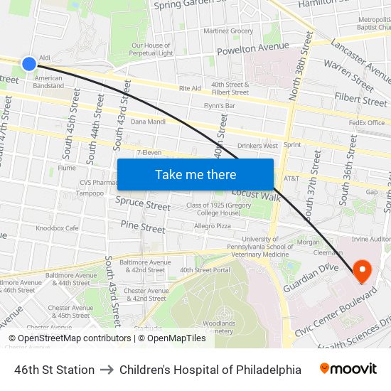 46th St Station to Children's Hospital of Philadelphia map