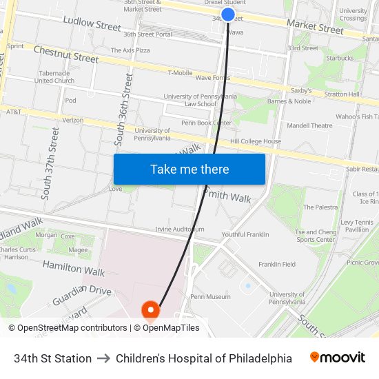 34th St Station to Children's Hospital of Philadelphia map