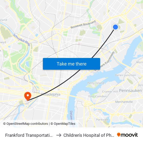 Frankford Transportation Center to Children's Hospital of Philadelphia map