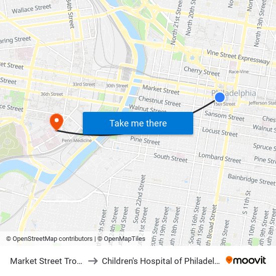 Market Street Trolley to Children's Hospital of Philadelphia map