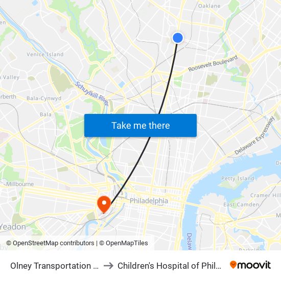 Olney Transportation Center to Children's Hospital of Philadelphia map
