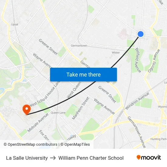 La Salle University to William Penn Charter School map