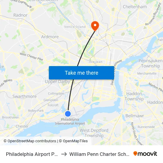 Philadelphia Airport PHL to William Penn Charter School map