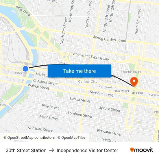 30th Street Station to Independence Visitor Center map