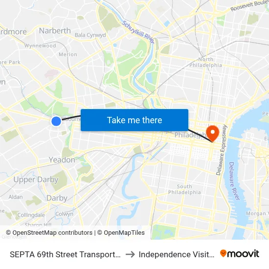 SEPTA 69th Street Transportation Center to Independence Visitor Center map