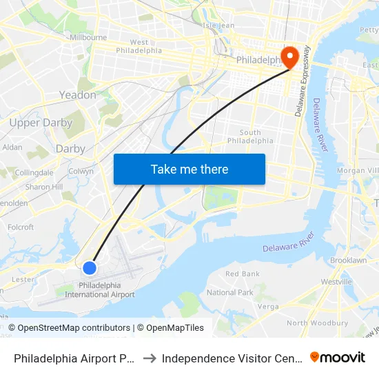 Philadelphia Airport PHL to Independence Visitor Center map