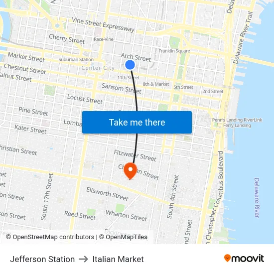 Jefferson Station to Italian Market map