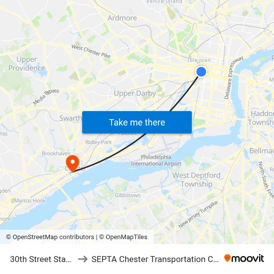 30th Street Station to SEPTA Chester Transportation Center map