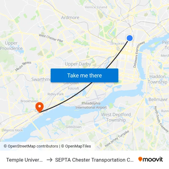 Temple University to SEPTA Chester Transportation Center map