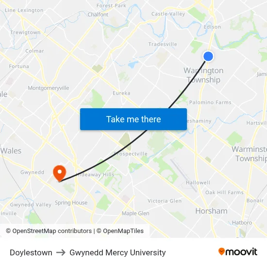 Doylestown to Gwynedd Mercy University map