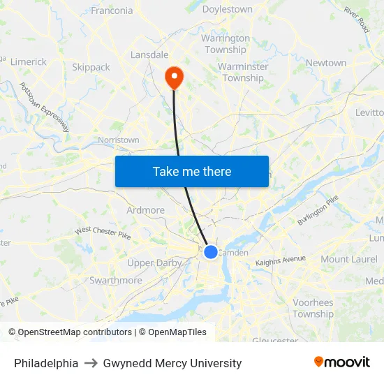 Philadelphia to Gwynedd Mercy University map