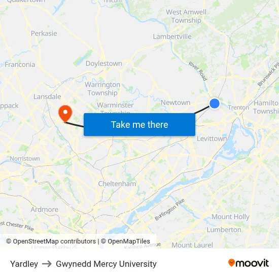 Yardley to Gwynedd Mercy University map