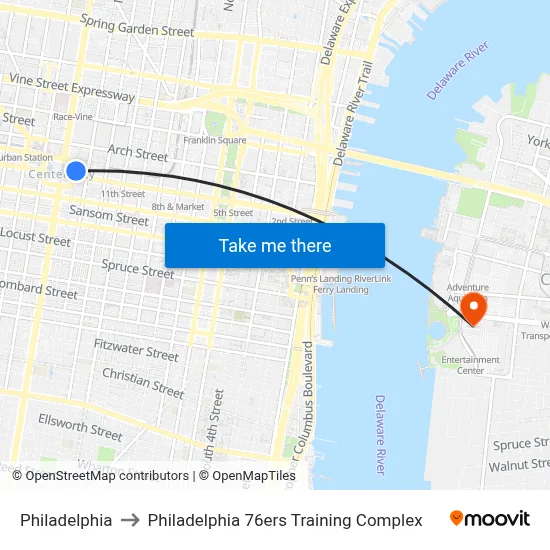 Philadelphia to Philadelphia 76ers Training Complex map