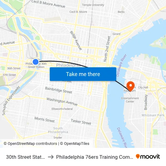 30th Street Station to Philadelphia 76ers Training Complex map