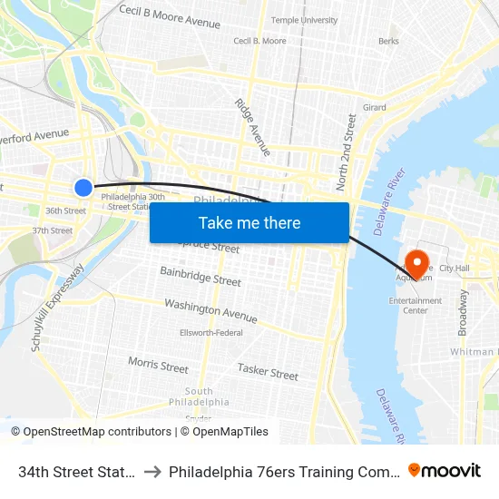 34th Street Station to Philadelphia 76ers Training Complex map