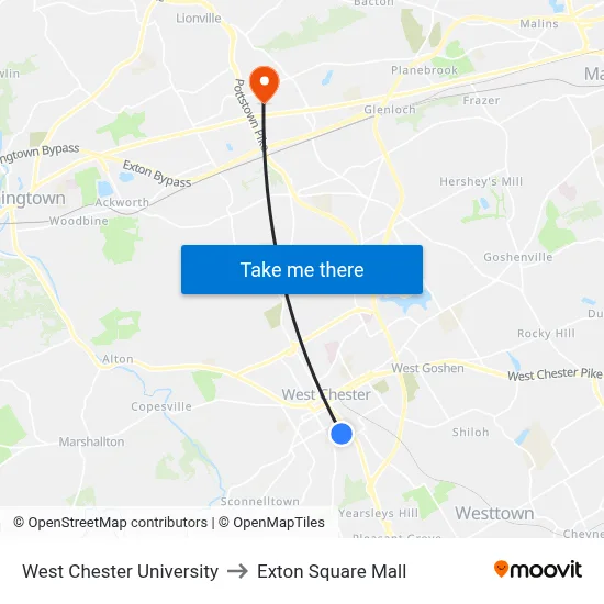 West Chester University to Exton Square Mall map