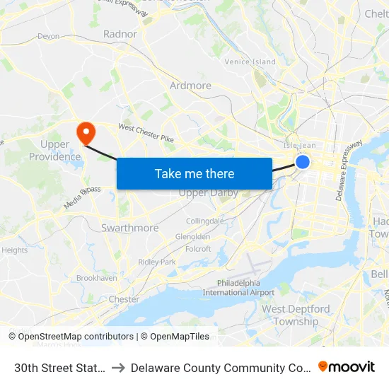 30th Street Station to Delaware County Community College map