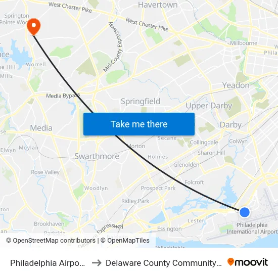 Philadelphia Airport PHL to Delaware County Community College map