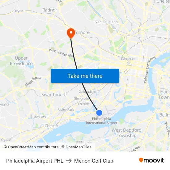 Philadelphia Airport PHL to Merion Golf Club map