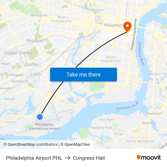 Philadelphia Airport PHL to Congress Hall map