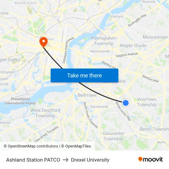 Ashland Station PATCO to Drexel University map
