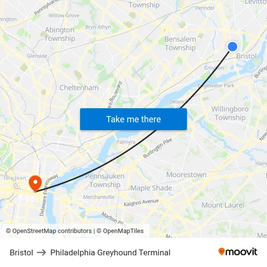 Bristol to Philadelphia Greyhound Terminal map