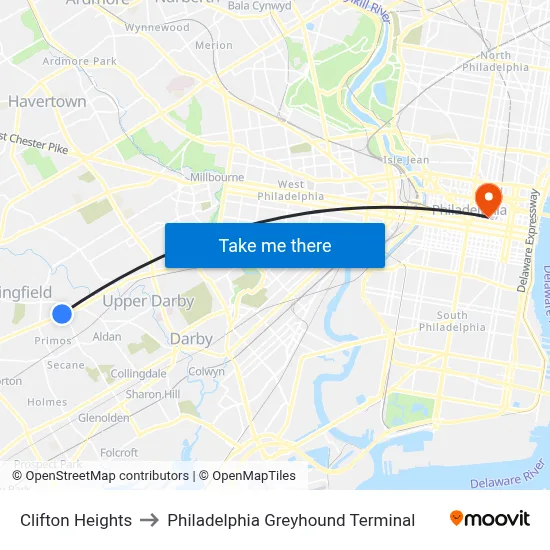 Clifton Heights to Philadelphia Greyhound Terminal map