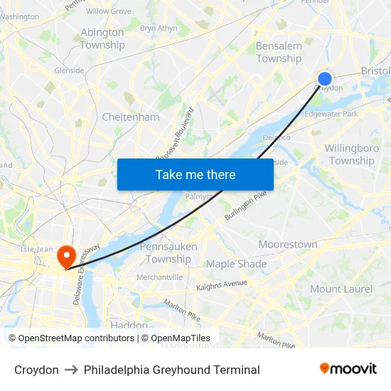 Croydon to Philadelphia Greyhound Terminal map