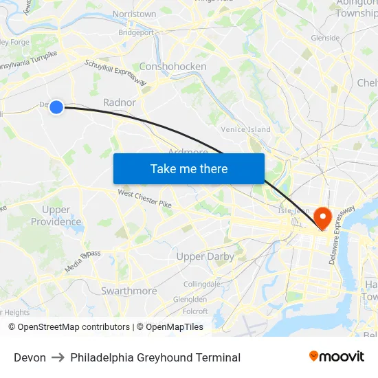Devon to Philadelphia Greyhound Terminal map