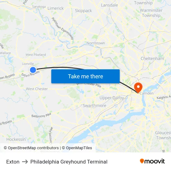 Exton to Philadelphia Greyhound Terminal map