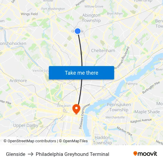 Glenside to Philadelphia Greyhound Terminal map