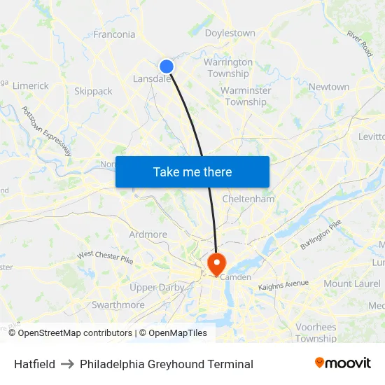 Hatfield to Philadelphia Greyhound Terminal map