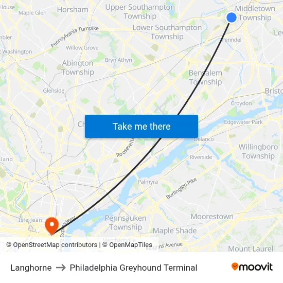 Langhorne to Philadelphia Greyhound Terminal map