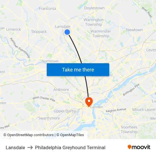 Lansdale to Philadelphia Greyhound Terminal map