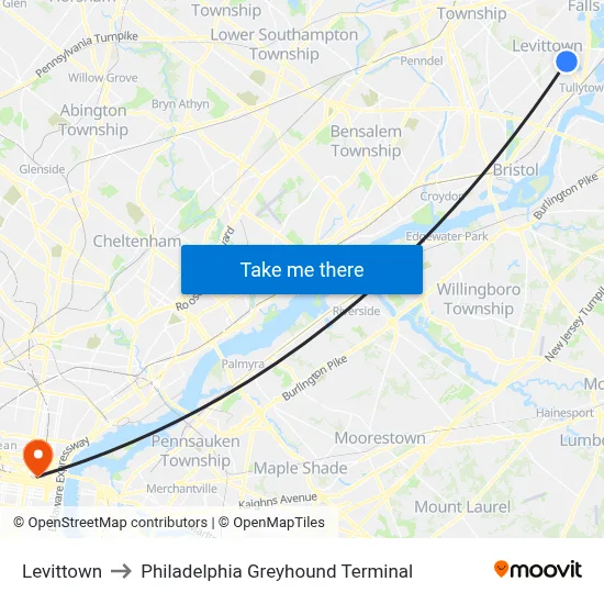 Levittown to Philadelphia Greyhound Terminal map