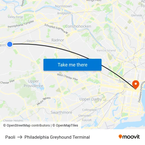 Paoli to Philadelphia Greyhound Terminal map