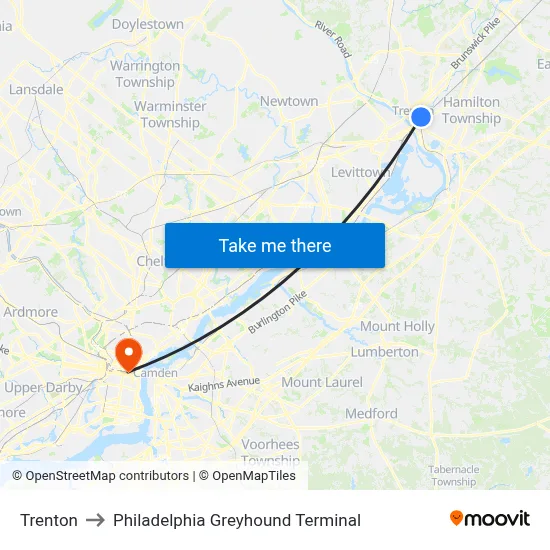 Trenton to Philadelphia Greyhound Terminal map