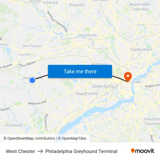 West Chester to Philadelphia Greyhound Terminal map