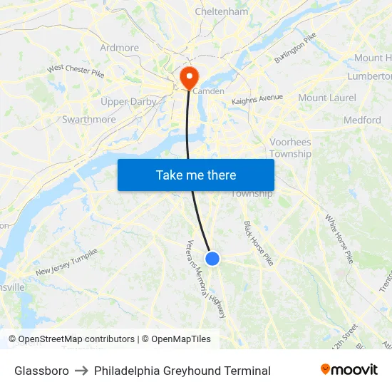 Glassboro to Philadelphia Greyhound Terminal map