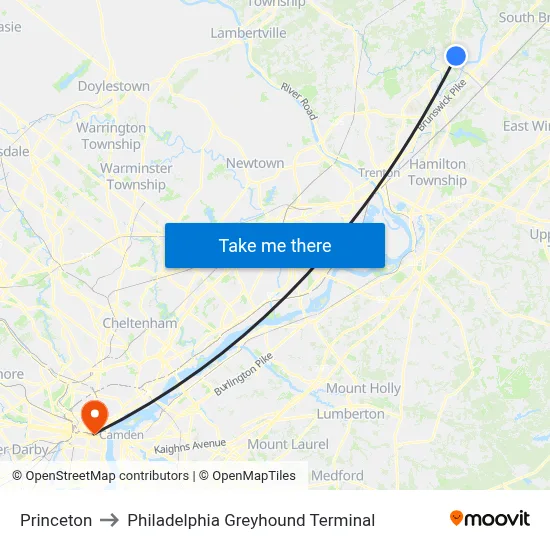 Princeton to Philadelphia Greyhound Terminal map