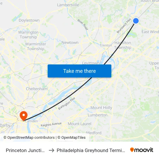 Princeton Junction to Philadelphia Greyhound Terminal map
