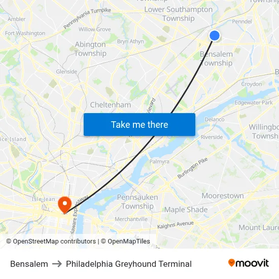 Bensalem to Philadelphia Greyhound Terminal map