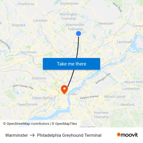 Warminster to Philadelphia Greyhound Terminal map