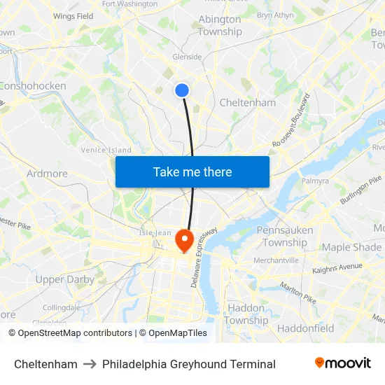 Cheltenham to Philadelphia Greyhound Terminal map
